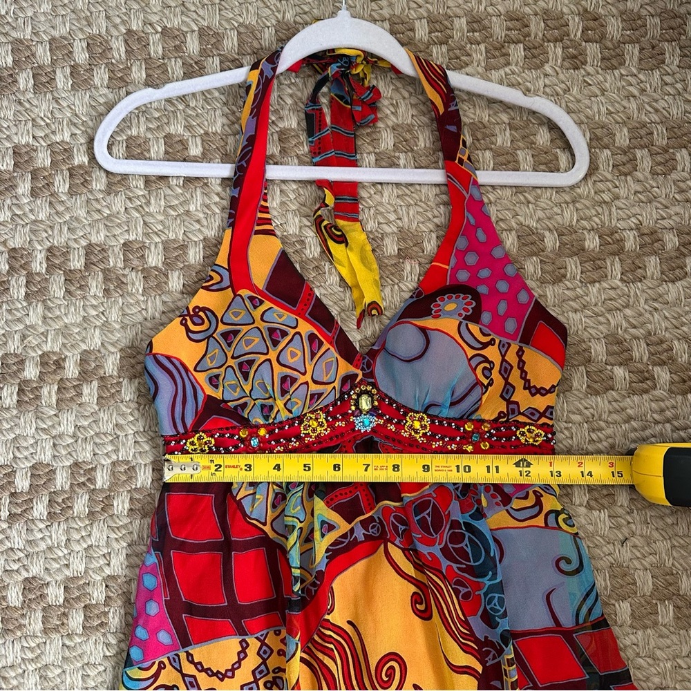 Sue Wong vintage VTG 100% silk flowy halter top Y2K beaded dress bright colors - Picture 13 of 15